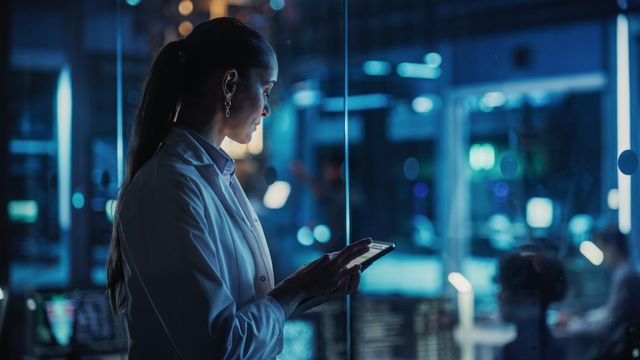 Female scientist holding a tablet inside a laboratory. 
