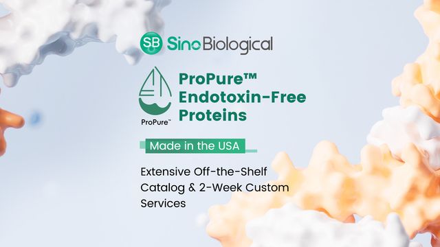 Sino Biological ProPure endotoxin-free proteins banner with logo, Made in the USA label, and abstract protein imagery 