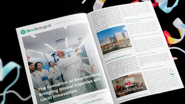 Open magazine spread featuring Sino Biological: lab team in cleanroom gear on left, bioprocessing facility and text on right. 