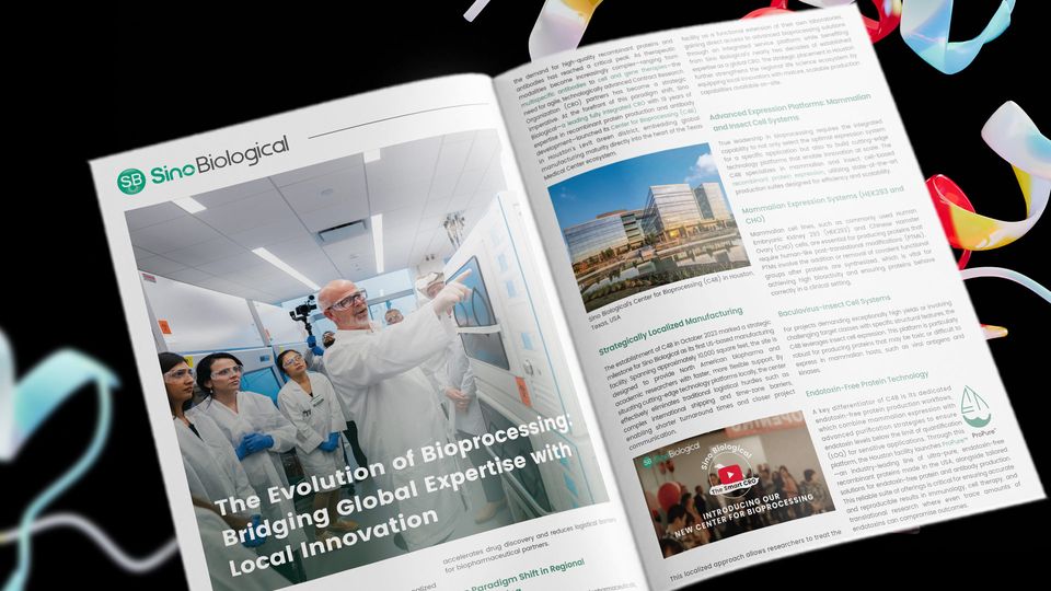 Open magazine spread featuring Sino Biological: lab team in cleanroom gear on left, bioprocessing facility and text on right.