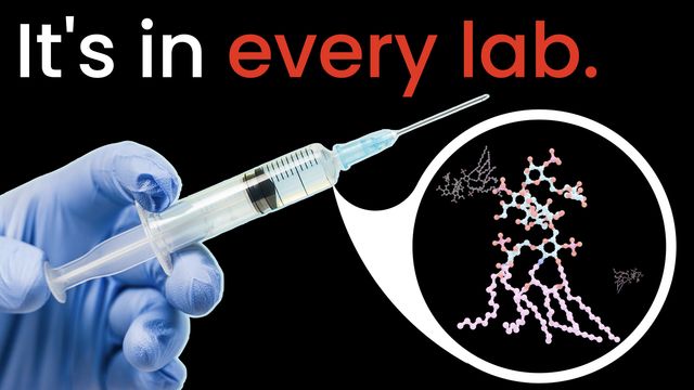 Gloved hand holding a syringe pointing toward a magnified DNA molecule graphic, with the text “It’s in every lab" 