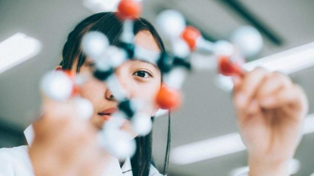 Researcher analyzing molecular models in a lab, illustrating neurobiology research. 