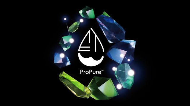 ProPure logo centered on a black background, surrounded by floating blue and green crystal shapes with glowing white light points 