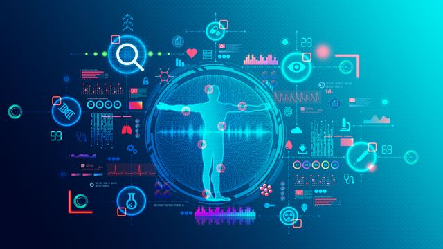 The outline of a person, surrounded by healthcare-related icons, illustrating personalized medicine. 