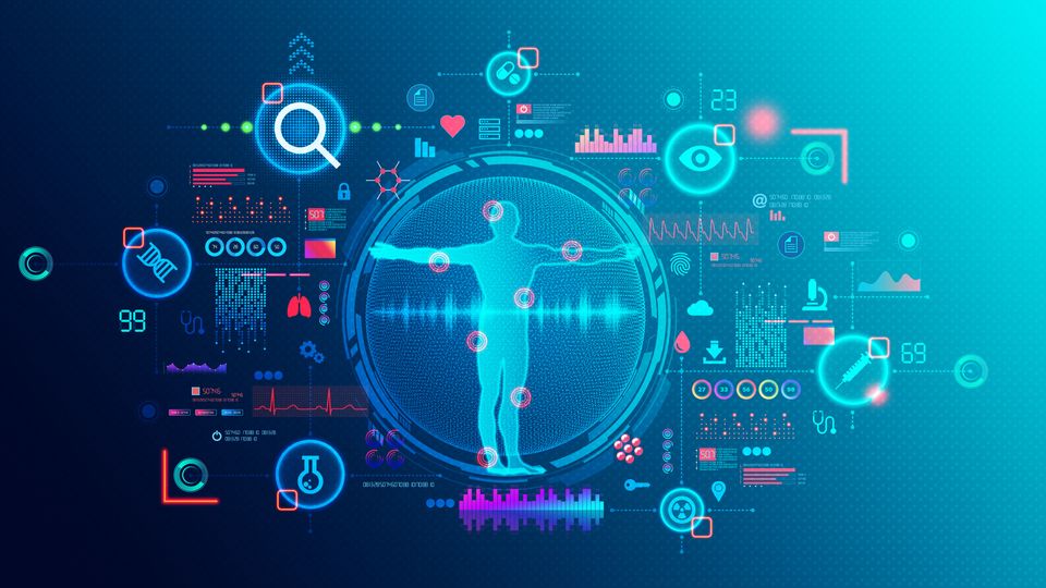 The outline of a person, surrounded by healthcare-related icons, illustrating personalized medicine.