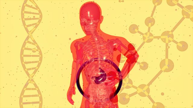 Graphic of human body with visible skeleton and liver, on a yellow background containing a molecular structure and DNA. 