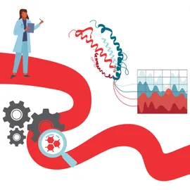 A graphic of a scientist analyzing proteomics data, with protein structure, charts, lab tools, and AI analysis on a computer.