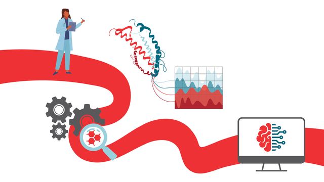 A graphic of a scientist analyzing proteomics data, with protein structure, charts, lab tools, and AI analysis on a computer. 