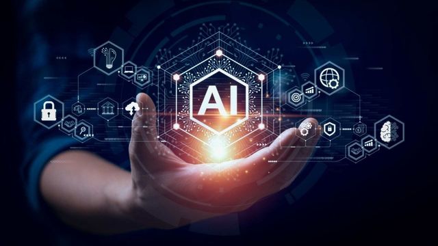 Hand presenting an AI interface with connected icons, representing lab automation and smart workflows. 