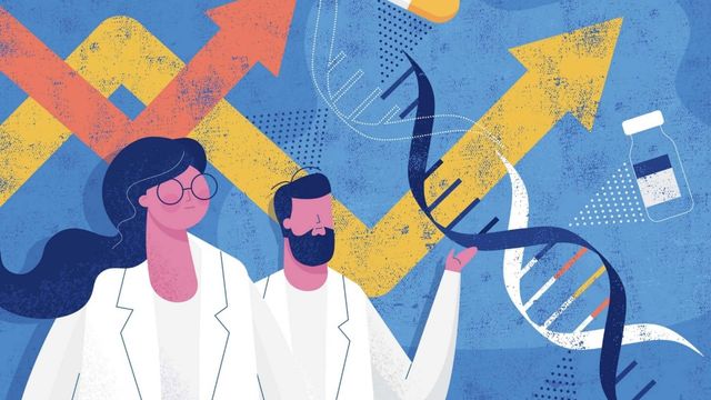 Illustration of scientists and DNA strands representing in vivo gene therapy research. 