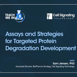Sam Jensen smiling next to the title of his presentation "Assays and Strategies for Targeted Protein Degradation Development." 