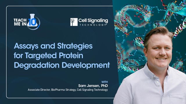 Sam Jensen smiling next to the title of his presentation "Assays and Strategies for Targeted Protein Degradation Development." 