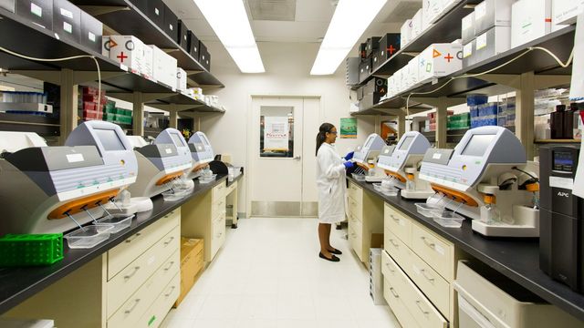 Lab technician operating genomics sequencing machines in a modern research laboratory. 