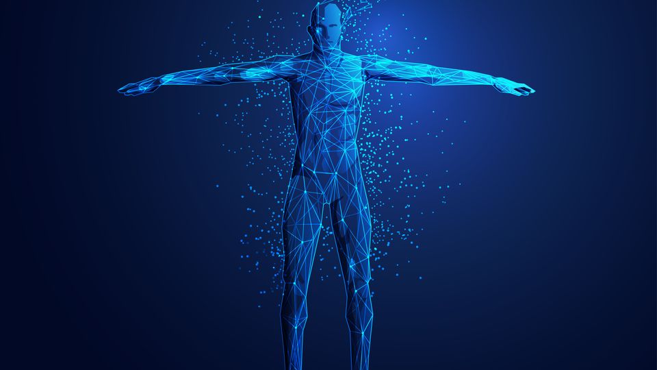 Digital human figure composed of glowing blue nodes and lines, symbolizing multiomics integration.