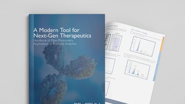 Handbook cover on advancing antibody analytics through mass photometry with data charts. 