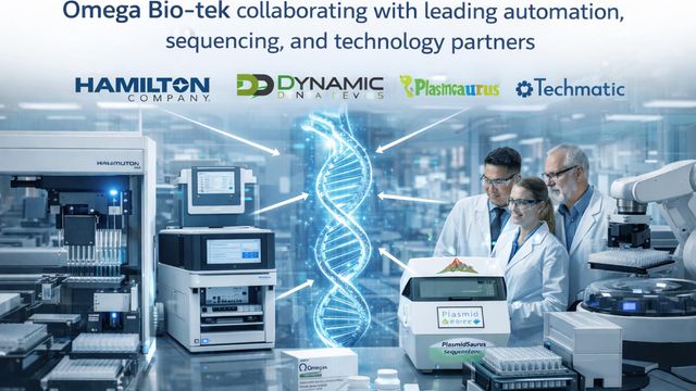 Automation workflows in biotech lab with DNA sequencing equipment and scientists collaborating. 