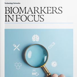 Front cover and first page of the “Biomarkers in Focus” eBook showing a magnifying glass next to biomarker-related icons. 