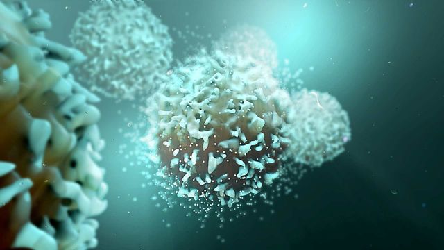 Illustration of a cancer cell with textured surface in a microscopic environment. 