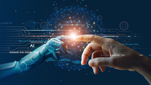 Fingertips from a human and robotic hand touching, surrounded by AI-associated icons.  