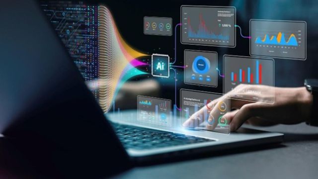 AI-powered data analytics dashboard displayed on laptop with interactive charts and graphs. 