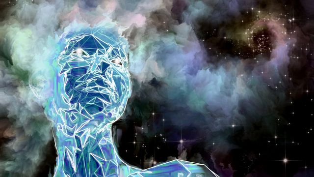 Abstract illustration of a geometric human figure in a cosmic scene, symbolizing a psychedelic trip. 