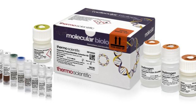 Thermo Scientific sequential extraction kit for molecular biology with reagent bottles and sample vials. 