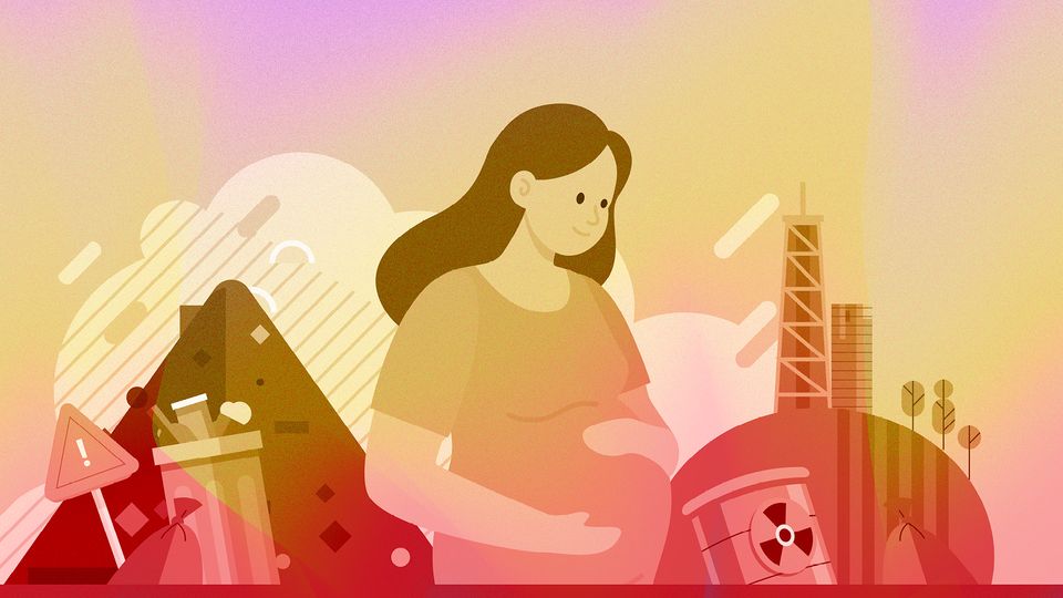 A colourful cartoon image, depicting a pregnant woman holding her stomach. In the background are cartoon images depicting a landfill, industrial waste, and rolling green hills.