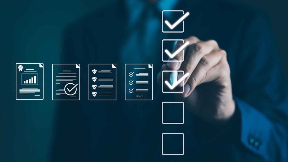 A person marking items on a virtual compliance checklist with icons representing regulatory documents and approvals.
