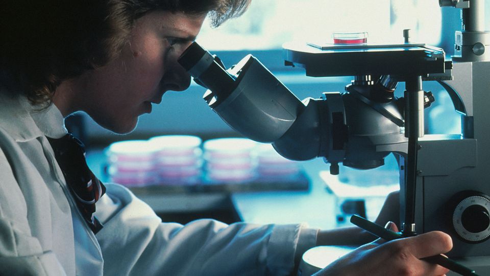 Scientist in a white laboratory coat looking down a microscope, with specimen plates stacked up in the background.
