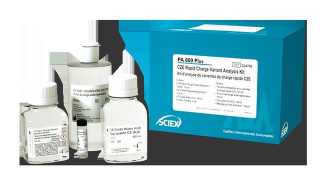 SCIEX PA 800 Plus CZE Rapid Charge Variant Analysis Kit box with reagent bottles and small vial 