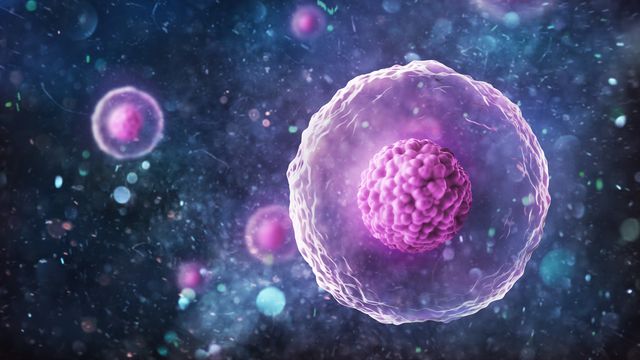 A single cell with its nucleus shown in purple. 