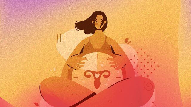 A cartoon of a woman holding a clock with an illustration of the female reproductive system in the center. 