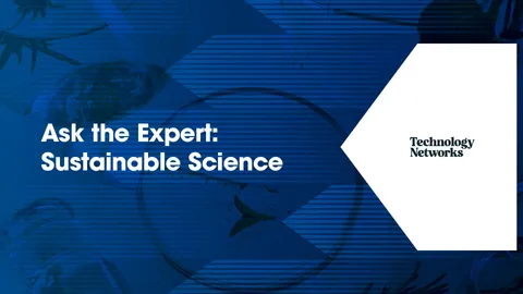 Blue scientific background with petridish and "Ask the Expert: Sustainable Science" title 