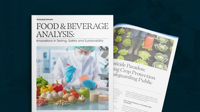 eBook showing a scientist in protective gear testing food samples in a laboratory, alongside an open page discussing crop protection and pesticides. 