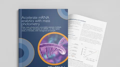 Brochure on mRNA Therapeutics with DNA strand graphic and mass photometry text.