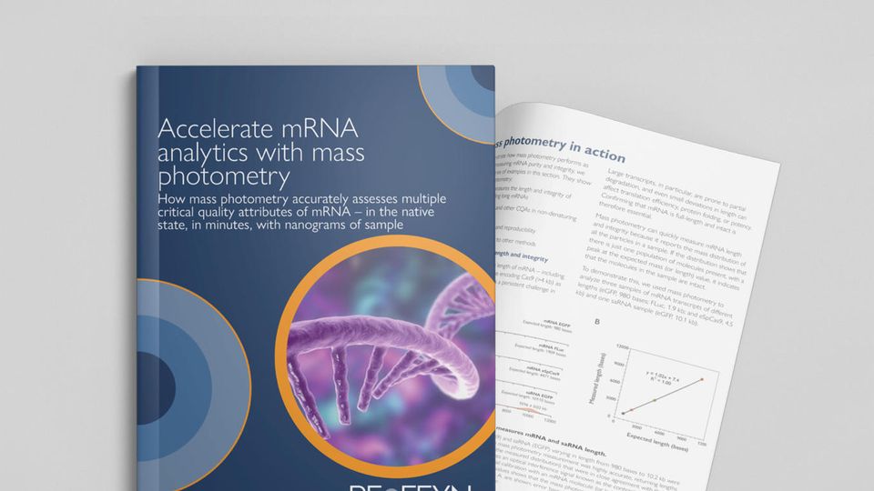 Brochure on mRNA Therapeutics with DNA strand graphic and mass photometry text.