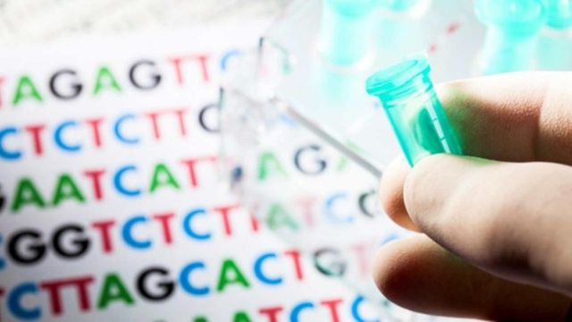 Close-up of DNA sequencing sample tube held before a colorful genetic code background. 