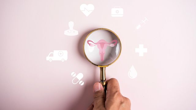 Hand holding a magnifying glass over an image of the female reproductive tract. The background is pink and contains a range of white health icons surrounding the magnifying glass. 