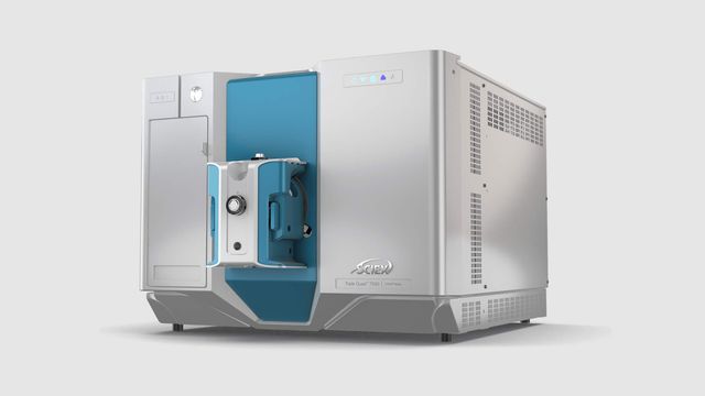 SCIEX 7500+ triple quadrupole mass spectrometer with blue front panel and compact white housing 