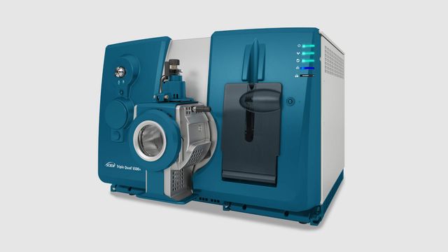 SCIEX Triple Quad 6500+ mass spectrometer with blue housing and front ion source assembly 