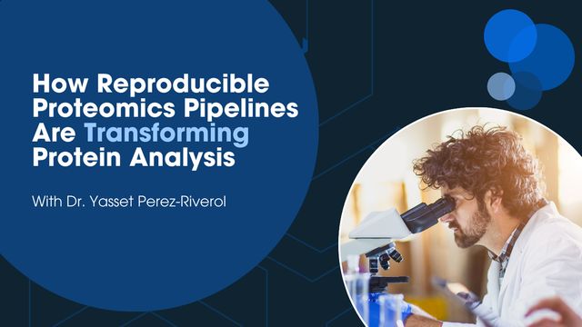 A graphic featuring  a scientist looking into a microscope and the title of a video interview on proteomics pipelines. 
