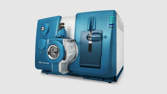 SCIEX QTRAP 6500+ mass spectrometer with blue housing and front ion source assembly 