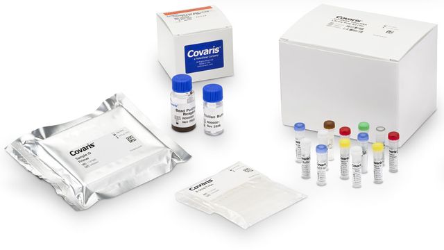 Covaris truCOVER Total RNA 96 kit with boxes, reagent vials, bead tubes, primers, and sealed sample packs displayed 
