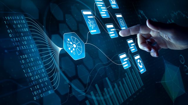 AI data analytics interface showing neural network connections and digital data streams. 