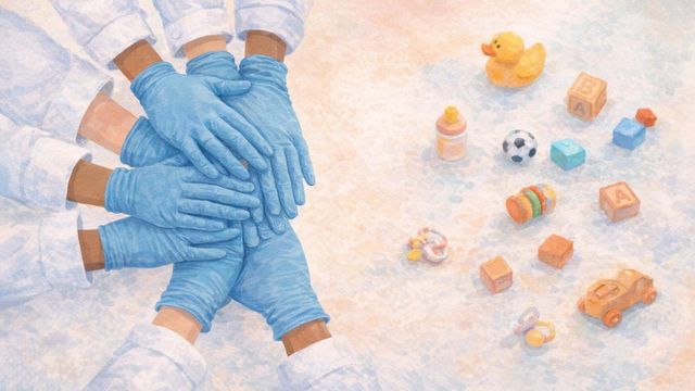 Overlapping female hands wearing blue nitrile gloves, with childrens toys positioned in the background.  