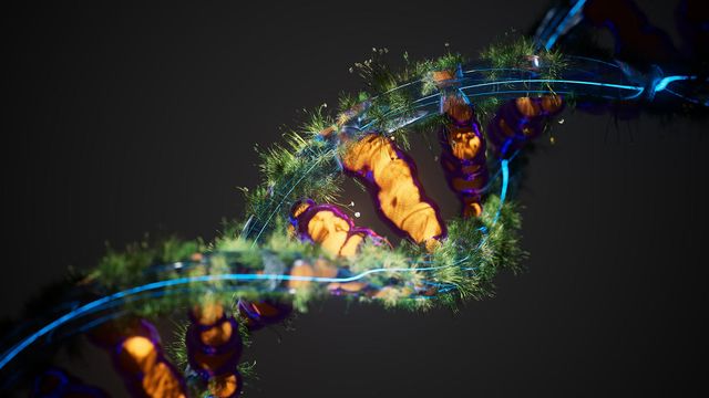 3D DNA helix with glowing strands and biological textures illustrating transcriptome sequencing analysis. 