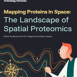 Mapping proteins in space infographic with scientist illustration and contour-style map representing spatial proteomics. 