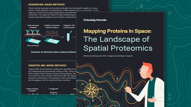 Mapping proteins in space infographic with scientist illustration and contour-style map representing spatial proteomics. 