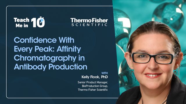Dr. Kelly Flook smiling next to the title of her presentation "Confidence With Every Peak: Affinity Chromatography in Antibody Production." 