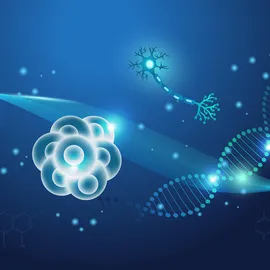 Abstract science illustration representing cell and gene therapy manufacturing, featuring stem cells, a neuron, red blood cells, and a DNA strand on a blue background.